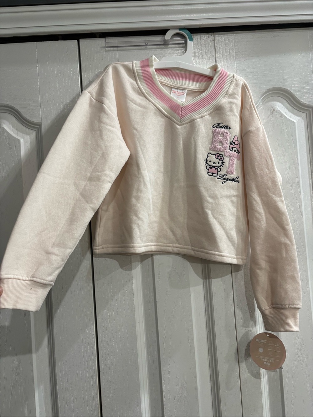 Hello Kitty Cream and Pink V-Neck Pullover Sweater